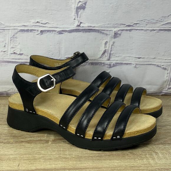 Dansko Roxie Strappy Ankle Strap Sandals Women's 37 US 6.5-7 Black Nappa Leather - Picture 1 of 10